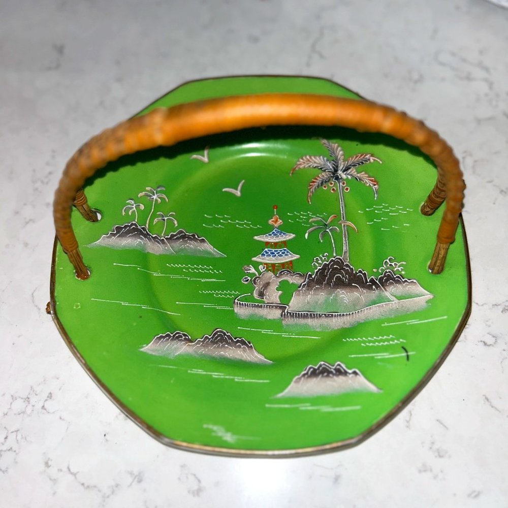 Vintage Moriage Hand Painted Deco Serving Tray Rattan Handle